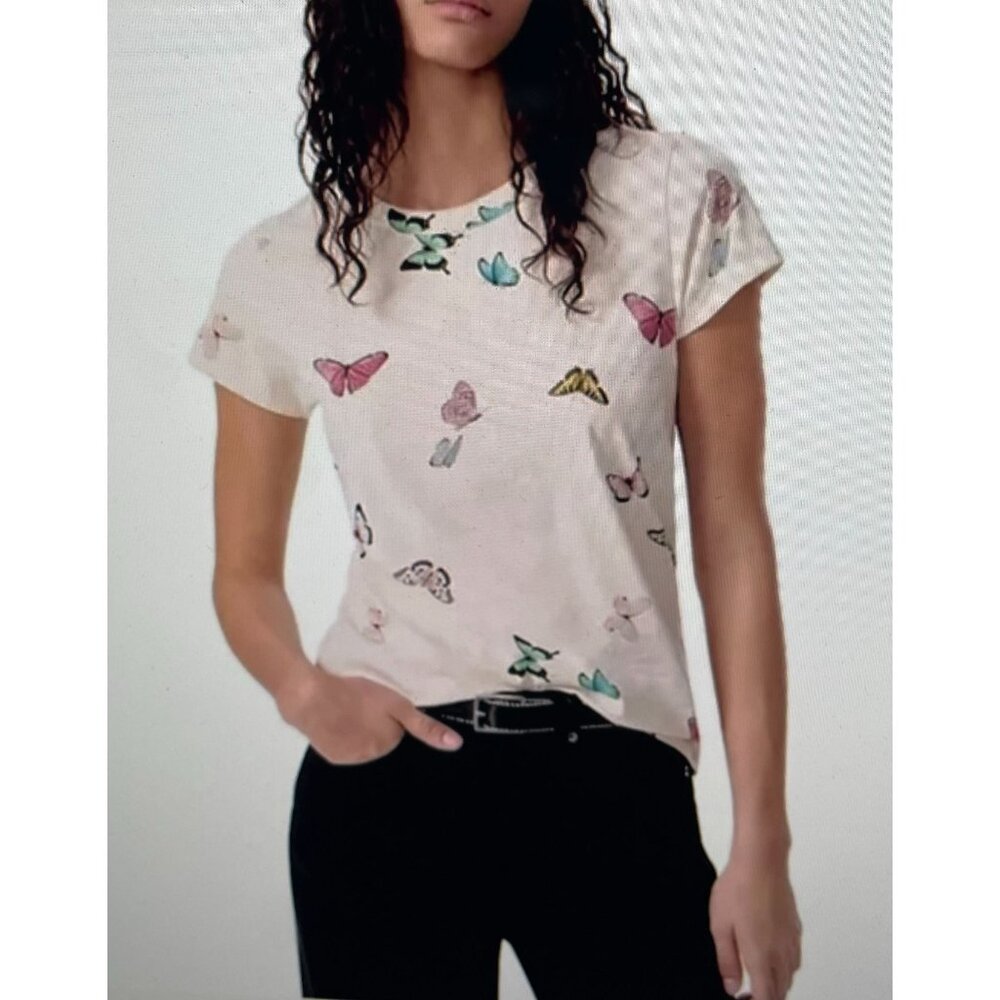 Rag & Bone Womens Butterfly Print Cream Short Sleeve100% Pima Cotton Size XS